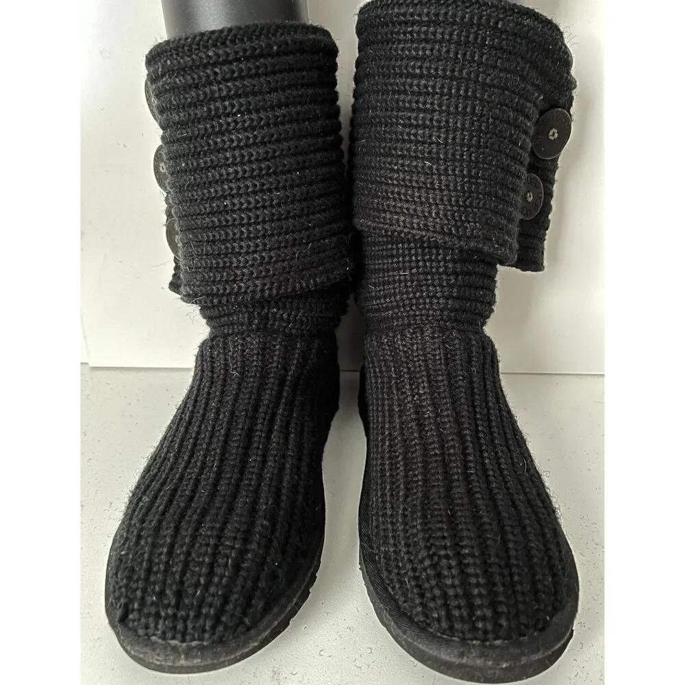 UGG Classic Cardy black foldover knit boots with buttons. Size 8.
